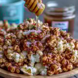 Baseball Season Popcorn Mix with Peanuts and Caramel in a big bowl, drizzled with golden caramel and sprinkled with crunchy roasted peanuts.