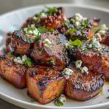 Grilled watermelon salad with feta and mint, juicy slices caramelized on the grill, topped with creamy cheese and fresh herbs.