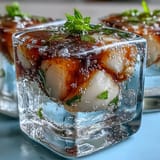 Lychee agar jelly cubes glistening in a glass of bright, citrusy sparkling yuzu water.