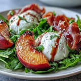 Juicy peaches, delicate burrata, and savory prosciutto create vibrant summer salad perfection.