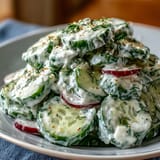 Juicy, crisp cucumbers coated in tangy cream cheese dressing, topped with the Viral Cucumber Salad seasoning.