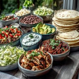 Delicious DIY Taco Bar for Outdoor BBQ, guests scooping up colorful fillings.