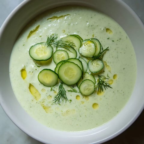 Creamy chilled Cucumber Garlic Soup, garnished with fresh dill, ready to cool you down.