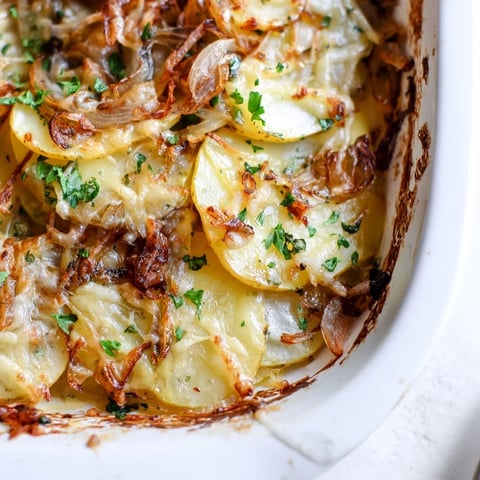 Golden roasted potato slices topped with bubbling Gruyère and deeply caramelized onions, inspired by classic French Onion Soup Potatoes.