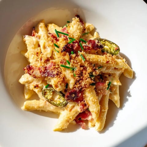 Creamy Jalapeño Popper Pasta topped with crispy bacon and melted cheddar, served steaming hot from the skillet.