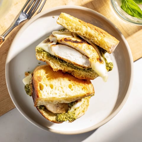 Golden grilled chicken breasts topped with melted mozzarella and fresh basil, nestled in toasted ciabatta for this Pesto Chicken Melt.