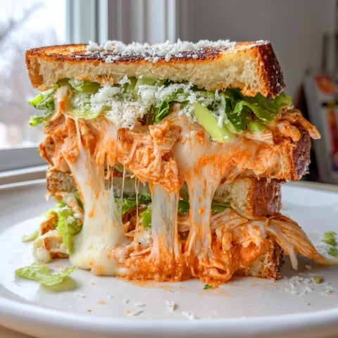 Golden Buffalo Chicken Caesar Grilled Cheese sandwiches melt provolone and Parmesan between crispy sourdough.