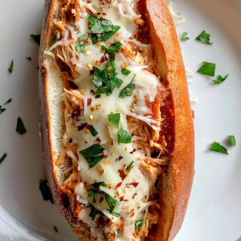 Golden-brown Chicken Parm Stuffed Garlic Bread boats ooze with melted mozzarella and savory marinara on a rustic wooden board.  