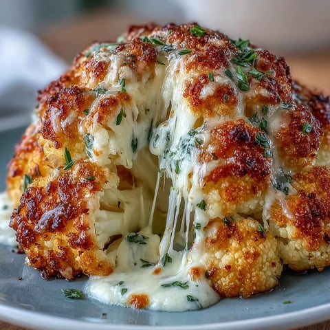 A whole roasted cauliflower head stuffed with creamy, melted cheese, baked until golden brown on a rustic tray.