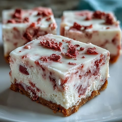 Chilled No-Bake Strawberry Fudge Squares with a crumbly graham cracker crust and creamy pink filling, garnished with fresh strawberry slices.