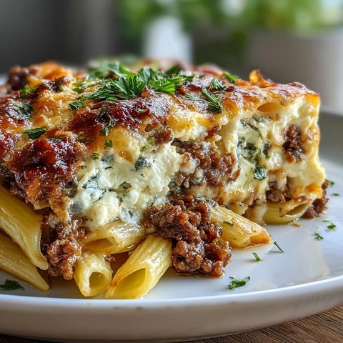 Golden, bubbling mozzarella tops a creamy Cottage Cheese Protein Pasta Bake with ground beef in a 9x13 dish.