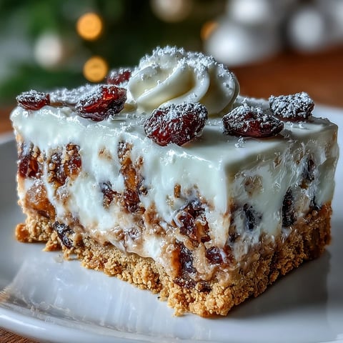 Christmas Cheesecake Slab with whipped cream and powdered sugar dusting, cut into neat squares on a rustic wooden board.