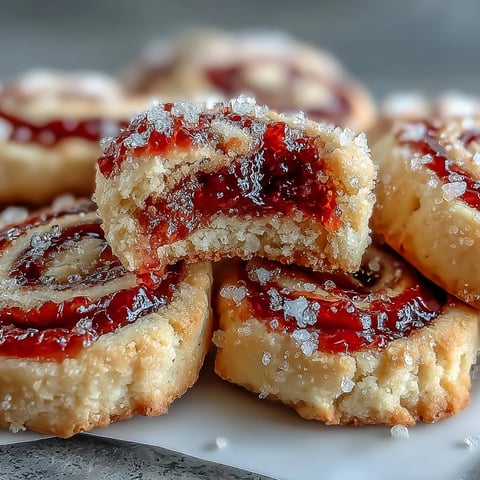 Golden-baked Raspberry Swirl Shortbread Cookies with jam centers rest on a wire cooling rack. 