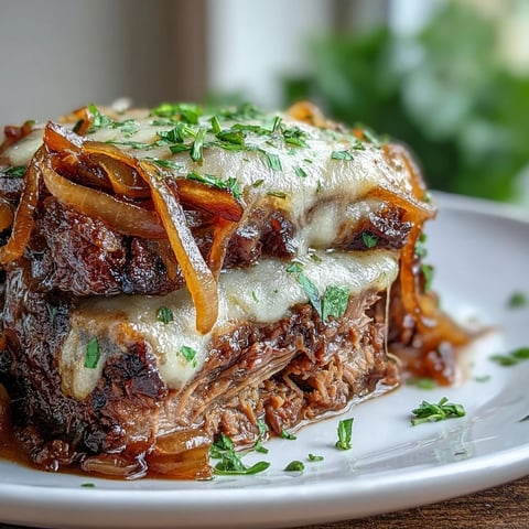 Savory Crock Pot French Onion Pot Roast simmers in rich beef and wine juices with caramelized onions and thyme until fork-tender.