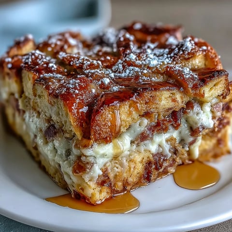 Golden-brown Monte Cristo Breakfast Casserole, dusted with powdered sugar and drizzled with maple syrup.