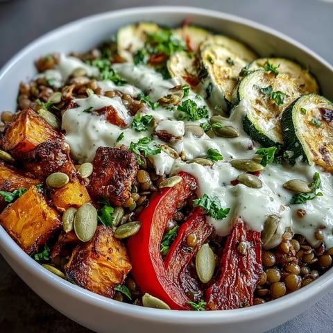A colorful Lentil Power Bowl with fluffy quinoa, tender lentils, and roasted sweet potatoes, red peppers, and zucchini, all drizzled with creamy tahini dressing.  