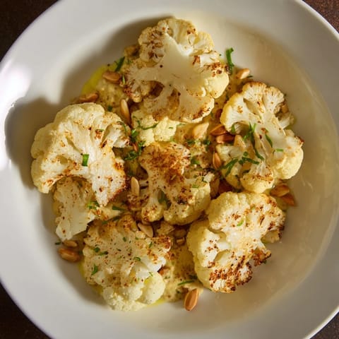 Visualize tender roasted cauliflower steaks boasting a delicious tahini sauce, ready to serve and enjoy.
