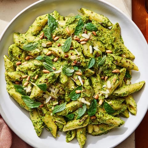 Bright green, creamy swirls of pesto sauce coating the perfectly cooked The Best 15-Minute Creamy Pesto Pasta.