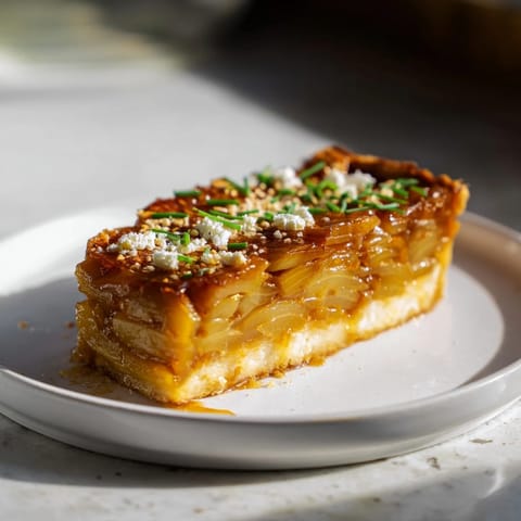Golden-brown, savory Decadent Caramelized Onion and Goat Cheese tart, ready for slicing and enjoying.
