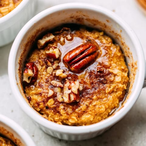 A ramekin of pumpkin spice baked oats steaming, hinting at the warm, spiced flavors.