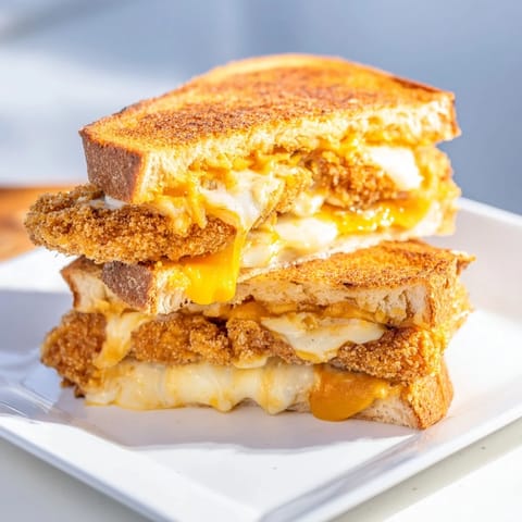 Crispy chicken nuggets nestled between cheese and buttery bread, a delicious chicken nugget grilled cheese.