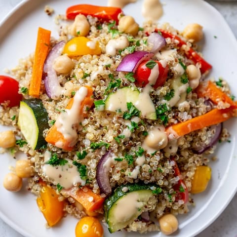 Vibrantly colorful quinoa power salad with a medley of fresh ingredients and a creamy dressing.