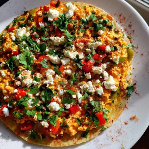 Golden-crusted Turkish Menemen Eggs Pizza, a vibrant brunch dish, topped with fresh parsley.