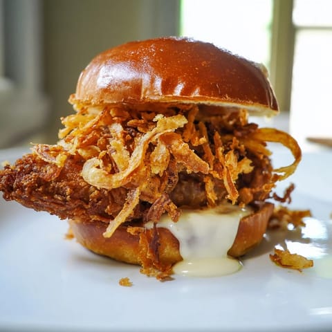 Golden Crispy Onion Chicken Sandwich oozing creamy garlic aioli, served with crisp lettuce for a satisfying bite.  