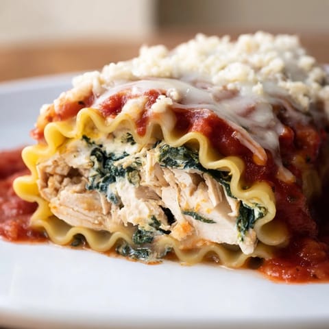 Close-up view of a Chicken and Spinach Lasagna Roll, revealing layers of creamy ricotta, tender chicken, and vibrant green spinach inside.