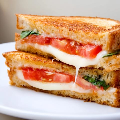 A close-up of Tomato Basil Grilled Cheese, where juicy tomato slices and aromatic basil peek from under melted, bubbly mozzarella.  