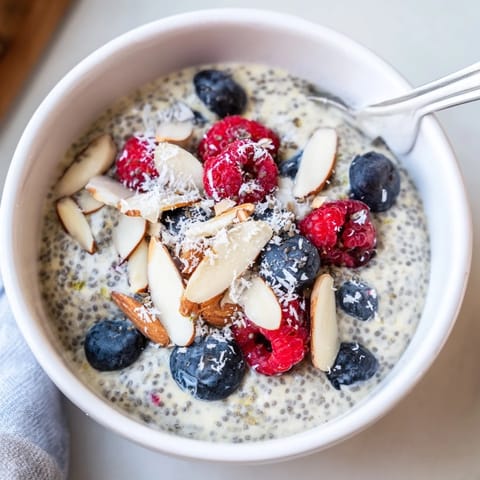 A close-up of chilled poppy seed chia pudding topped with raspberries, shredded coconut, and sliced almonds.  