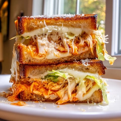 A close-up view of a grilled Buffalo Chicken Caesar Grilled Cheese reveals shredded romaine and savory chicken.