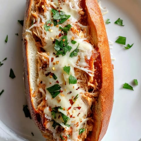 Golden-brown Chicken Parm Stuffed Garlic Bread boats ooze with melted mozzarella and savory marinara on a rustic wooden board.  