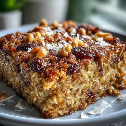 Golden-brown Carrot Cake Baked Oatmeal with walnuts, fresh from the oven and sliced into warm squares for a cozy breakfast.
