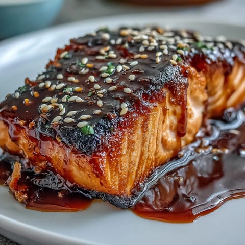 Fork-tender salmon coated in sticky sweet and savory maple soy glaze, served with colorful vegetables and garnished with fresh green onions.