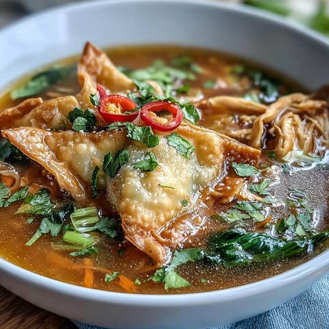 This vibrant bowl of Red Curry Wonton Soup with Greens features plump wontons swimming in a creamy, aromatic broth, garnished with fresh cilantro.  