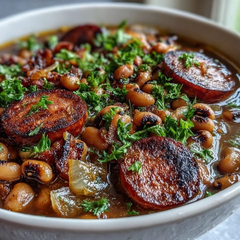 Freshly cooked Southern-Style Black-Eyed Peas simmered with smoky sausage and vibrant diced bell peppers in a rustic pot.