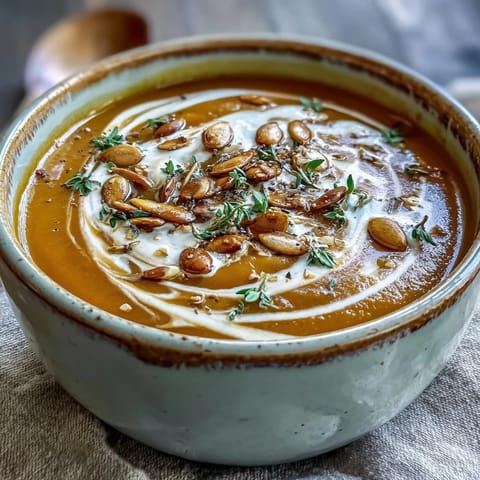 A bowl of creamy Butternut Squash and Apple Soup garnished with toasted pumpkin seeds and a swirl of cream.