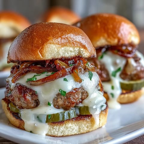 Freshly baked Touchdown Brat Sliders featuring juicy bratwurst patties and melty beer cheese, ready to serve at a party.