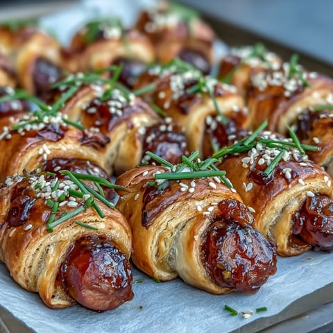 Buttery puff pastry wrapped around mini sausages and glazed with shimmering red Pepper Jelly Hogs in a Blanket for a spicy-sweet bite.