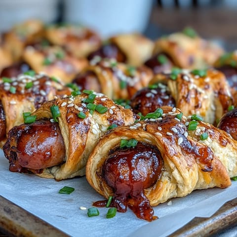 Golden-brown Pepper Jelly Hogs in a Blanket resting on a serving platter, garnished with fresh chives and sesame seeds for a party.
