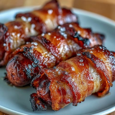 Caramelized bacon-wrapped smokies on a baking sheet, paired with toothpicks for easy party snacking.