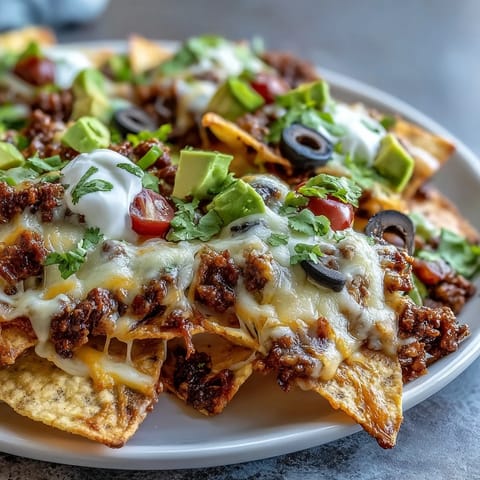 Golden-brown baked nachos loaded with seasoned ground beef, melted cheddar, Monterey Jack, and vibrant fresh toppings.