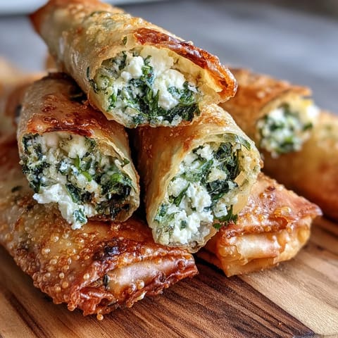 A hand dipping a crispy Spanakopita Spring Roll into a vibrant green Greek yogurt sauce.