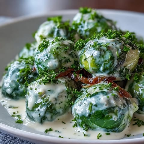 Tender Brussels sprouts in a creamy mustard sauce, served warm from a skillet and perfect alongside roasted chicken or steak for dinner.