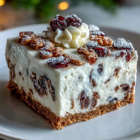 Slices of Christmas Cheesecake Slab reveal creamy filling with dried cranberries and spices alongside a golden digestive biscuit crust.