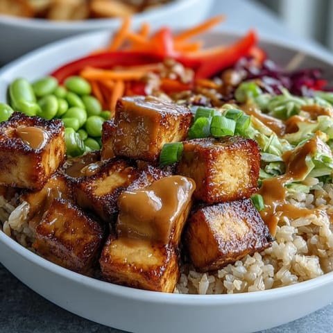 A vibrant Peanut Tofu Power Bowl with crispy tofu, colorful vegetables, and creamy peanut sauce over brown rice.