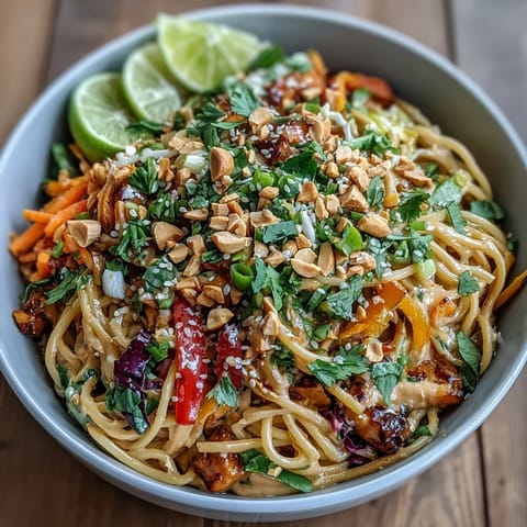 Freshly cooked rice noodles tossed with crisp julienned carrots, red cabbage, and bell peppers, all coated in a creamy peanut dressing and topped with chopped roasted peanuts and sesame seeds.