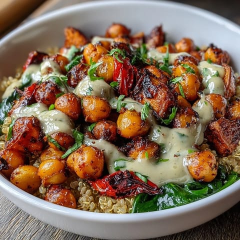 The finished Chickpea Power Bowl topped with sliced avocado, cherry tomatoes, fresh parsley, and a generous drizzle of creamy tahini sauce.