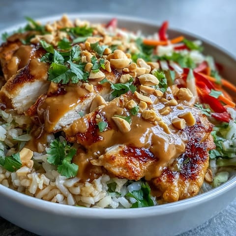 A close-up of the Peanut Chicken Power Bowl garnished with roasted peanuts, fresh cilantro, and lime wedges.  
